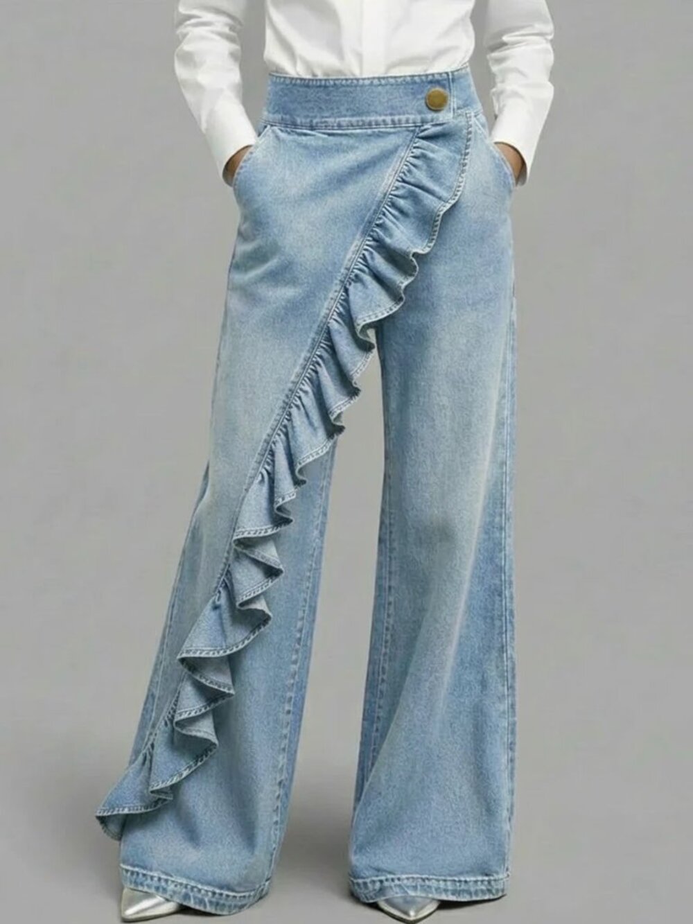 Asymmetrical Cascading Ruffle Wide-Leg Jeans (LIGHT BLUE)